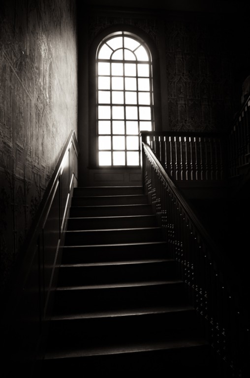 black and white, dark stairway, stairs, stairway