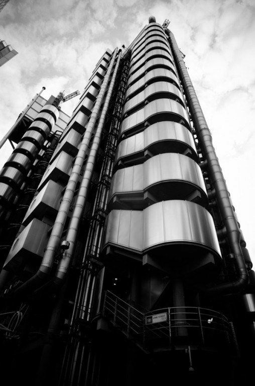 black and white, inside-out building, Lloyd's building, london